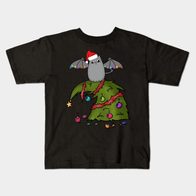 Bat Dragon Cat with Santa Hat on Christmas Tree Kids T-Shirt by Wanderer Bat